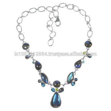 Labradorite Blue Topaz & Peridot with 925 Sterling Silver Strand Necklace for Gift